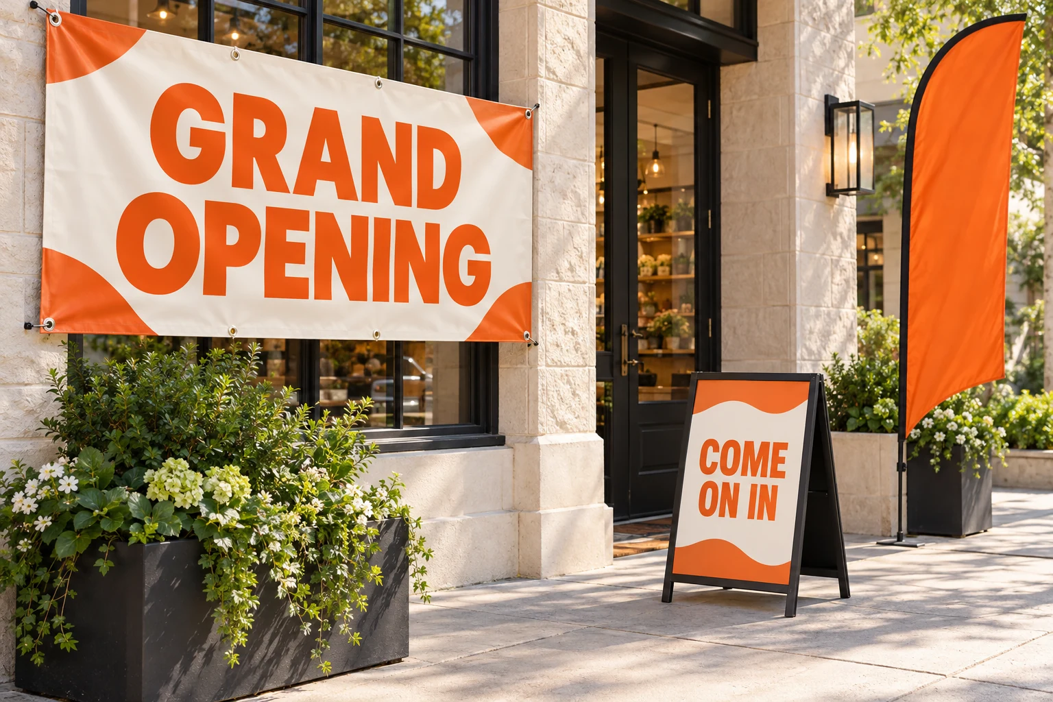 Illustrative Grand Opening banner, sidewalk sign and feather flag
